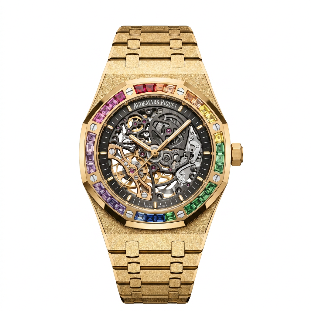 Audemars Piguet Royal Oak Offen gearbeitet 15412BA Rainbow Frosted Gelbgold Beste OCTA 41mm (Freischwingend)